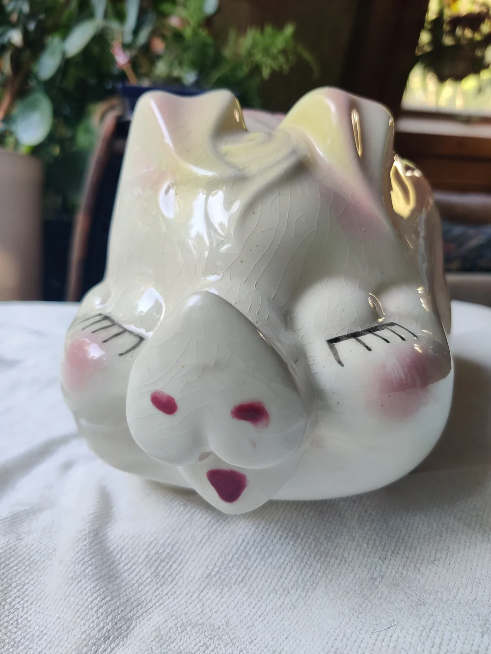 50s Large Piggy Bank Smiley Eyelashes Ribbon Lucky Shamrocks Clover Kitsch 7x13